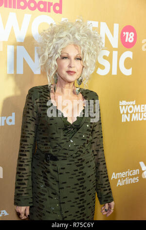 New York, NY - December 6, 2018: Cyndi Lauper wearing dress by  Fleur Du Mal attends Billboard's 13th Annual Women in Music gala at Pier 36 Stock Photo