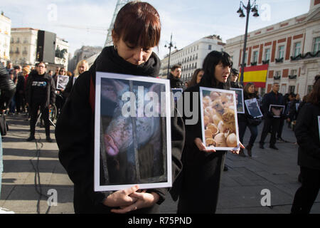 Madrid, Spain. 8th Dec, 2018. Activist seen lamenting the situation of the animals that have suffered cruelty and violence on the farms during the performance.Hundreds of people have organized a performance with photos and three dead animals, a pig and two chickens, the situation, animal cruelty and torture to death of animals on farms to also raise awareness of their passage to a vegan society that respects the animals. Credit: Lito Lizana/SOPA Images/ZUMA Wire/Alamy Live News Stock Photo