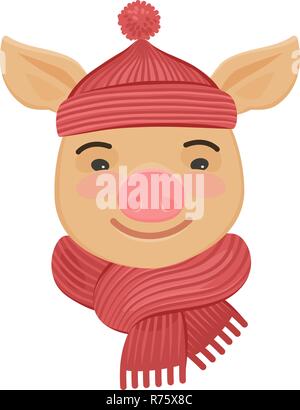 Little funny pig in a knitted hat and scarf. Cartoon vector illustration Stock Vector