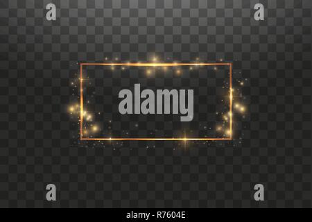 Golden frame with lights effects,Shining luxury banner vector illustration. Glow line golden frame with sparks and spotlight light effects. Shining rectangle banner isolated on black transparent background Stock Vector