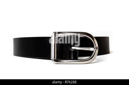 Black leather belt with silver buckle. Stock Photo