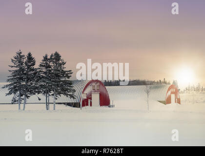 Sunrise over potato storage warehouses in rural Prince Edward Island, Canada. Stock Photo