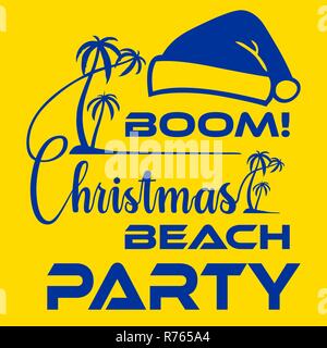 Christmas party at the beach poster or flyer template with palm and santas hat on seashore blurred background. Vector illustration. Stock Vector