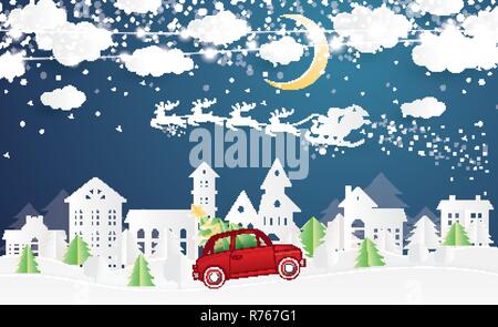 Christmas Village and Santa Claus in Sleigh in Paper Cut Style. Red Truck Carry Christmas Tree. Winter Landscape with Moon and Clouds. Stock Vector