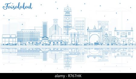 Outline Faisalabad Pakistan City Skyline with Blue Buildings and Reflections. Vector Illustration. Business Travel and Tourism Concept Stock Vector