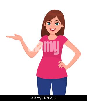 Young woman gesturing hand to copy space side away for product or advertising text. Girl holding hand on hip and presenting or introducing something.  Stock Vector