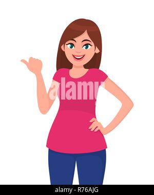 Young woman pointing thumb finger to copy space side away. Girl holding hand on hip and presenting or introducing something. Human emotion and gesture Stock Vector