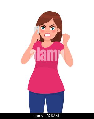 Angry young woman talking on smart phone and screaming. Modern lifestyle and communication concept illustration in vector cartoon flat style. Stock Vector