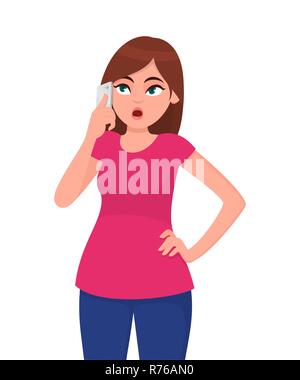 Thoughtful and beautiful young woman talking on smart phone while holding hand on hip, looking up and thinking. Modern lifestyle and communication con Stock Vector