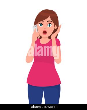 Shocked young woman talking on the  smart phone or mobile phone scared in shock with a surprise face. Amazed frowning female calling. Human emotions a Stock Vector