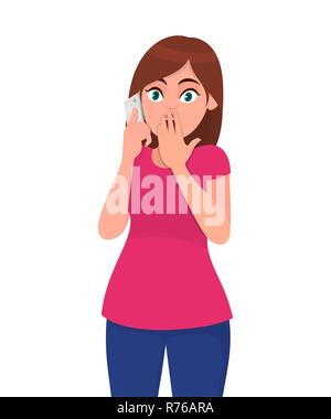Shocked young woman speaking on the smartphone, covers her mouth with hand, shocked with shame for mistake, expression of fear, scared in silence, sec Stock Vector