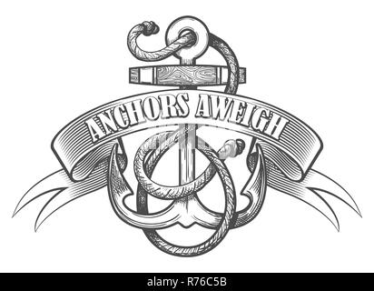 Nautical anchor in ropes and ribbon with wording Anchors Aweigh drawn in tattoo style.  Vector illustration. Stock Vector