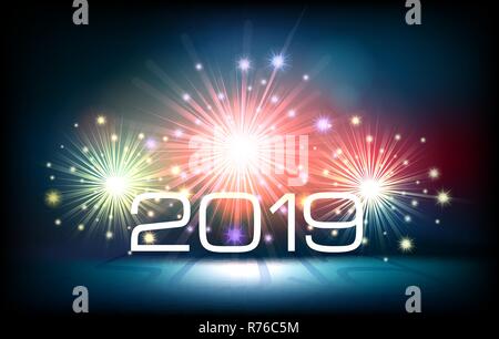 New Year Numbers and Festive fireworks on a black background. Happy New Year card design. Vector illustration. Stock Vector