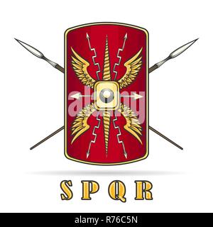 Ancient Roman Empire Warriour Shield and Crossed Spears.  Vector illustration. Stock Vector