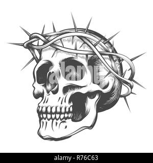 Human Skull in thorns wreath drawn in tattoo style. Vector illustration. Stock Vector