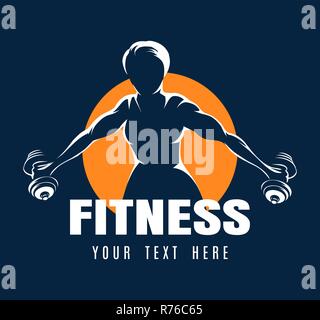 Training muscled woman holds dumbbells. White silhouettes isolated on black background. Vector illustration. Stock Vector