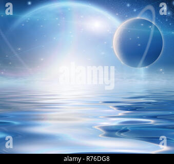 Exosolar Planets Rise over quiet waters Stock Photo