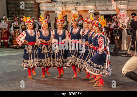 PLOVDIV, BULGARIA - AUGUST 06, 2015 - 21-st international folklore festival in Plovdiv, Bulgaria. The folklore group from Bulgaria dressed in traditio Stock Photo