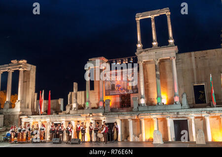 PLOVDIV, BULGARIA - AUGUST 06, 2015 - 21-st international folklore festival in Plovdiv, Bulgaria. The folklore group from Bulgaria dressed in traditio Stock Photo