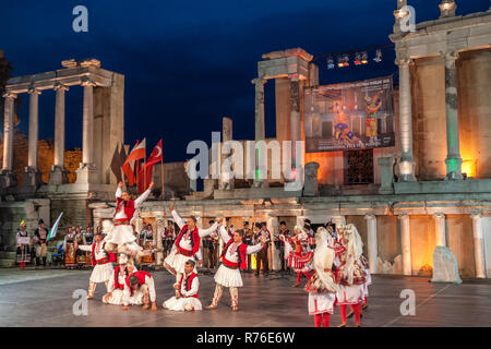 PLOVDIV, BULGARIA - AUGUST 06, 2015 - 21-st international folklore festival in Plovdiv, Bulgaria. The folklore group from Bulgaria dressed in traditio Stock Photo