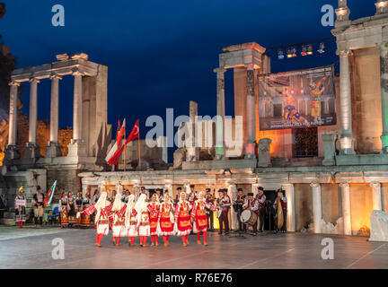 PLOVDIV, BULGARIA - AUGUST 06, 2015 - 21-st international folklore festival in Plovdiv, Bulgaria. The folklore group from Bulgaria dressed in traditio Stock Photo