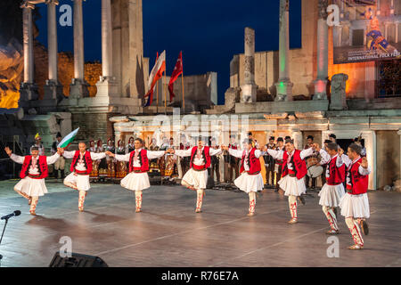 PLOVDIV, BULGARIA - AUGUST 06, 2015 - 21-st international folklore festival in Plovdiv, Bulgaria. The folklore group from Bulgaria dressed in traditio Stock Photo