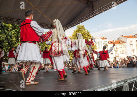 PLOVDIV, BULGARIA - AUGUST 06, 2015 - 21-st international folklore festival in Plovdiv, Bulgaria. The folklore group from Bulgaria dressed in traditio Stock Photo