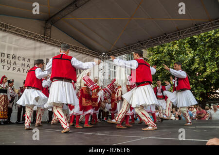 PLOVDIV, BULGARIA - AUGUST 06, 2015 - 21-st international folklore festival in Plovdiv, Bulgaria. The folklore group from Bulgaria dressed in traditio Stock Photo