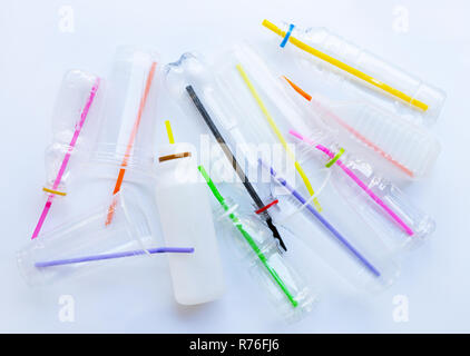 Plastic Waste Pollution, Plastic bottles, cups, straws for recycle Stock Photo
