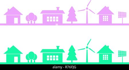 Horizontaly seamless pattern of homes and buildings. Town or city with green technologies implemented such as wind energy and solar energy of sun. Save the earth and trees ecology. Stock Vector