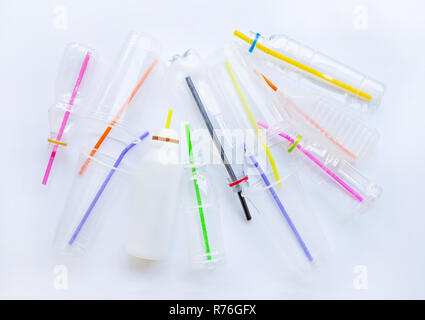 Plastic Waste Pollution, Plastic bottles, cups, straws for recycle Stock Photo