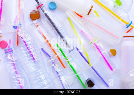 Plastic Waste Pollution, Plastic bottles, cups, straws for recycle Stock Photo
