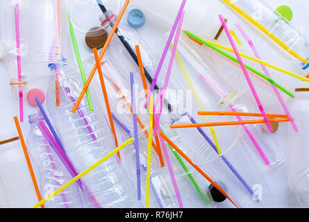 Plastic Waste Pollution, Plastic bottles, cups, straws for recycle Stock Photo
