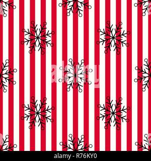 Christmas black snowflake seamless pattern. Black snow on red white lines background. Winter snow texture design wallpaper Symbol holiday, New Year ce Stock Vector
