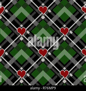 Valentine s Day Hipster Style Tartan and Buffalo Check Plaid Vector Patterns Black and green with Red Hearts, Pattern Tile Swatches Included. eps10 Stock Vector