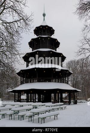 Snow-covered Chinese Tower in Winter. The chinese style pagoda is a fixture during summer in the Englischer Garten in Munich, Germany Stock Photo