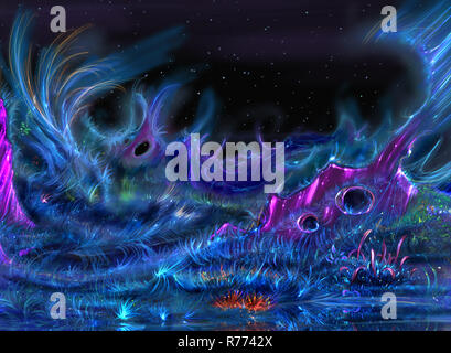 Dreamlike Fantasy Painting of Colorful Alien Landscape Stock Photo