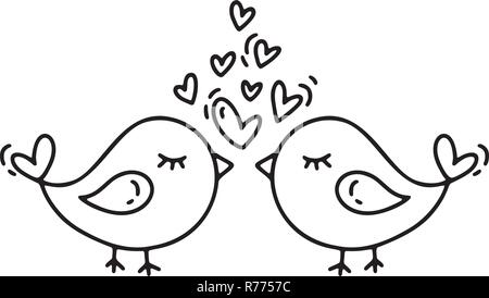 Vector monoline two birds with hearts. Valentines Day Hand Drawn icon. Holiday sketch doodle Design plant element valentine. love decor for web, wedding and print. Isolated illustration Stock Vector