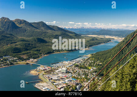 Aerial Northwest view of downtown Juneau, the Alaska State capital and cruise ship port from Mount Roberts cable tram. Juneau, Alaska, USA. Stock Photo