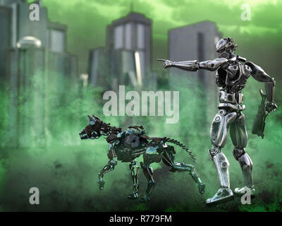 3D rendering of a futuristic mech soldier with dog. Stock Photo