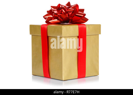 Gift present christmas birthday wedding wish gold golden box isolated on a white background Stock Photo