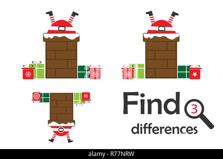 Find 3 differences, christmas game for children, Santa in chimney cartoon, education game for kids, preschool worksheet activity, task for the develop Stock Vector