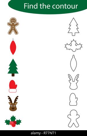 Find the contour game with christmas pictures for children, education game for kids, preschool worksheet activity, task for the development of logical Stock Vector