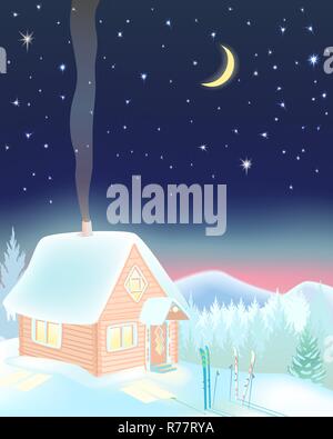 Small ski house at night in the mountains. Stock Vector
