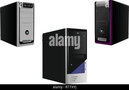 Three Realistic Case of Computer. Server. Workstation. Vector illustration Stock Vector
