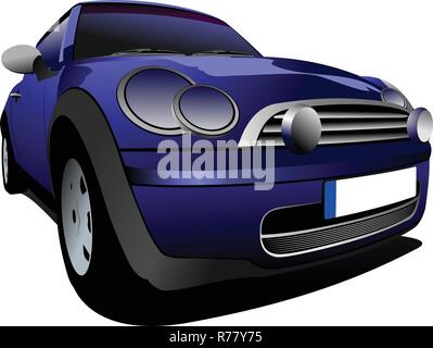 Blue small car on the road. Vector illustration Stock Vector