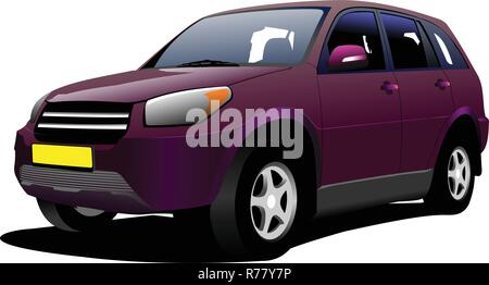 Purple mini-van on the road. Vector illustration Stock Vector