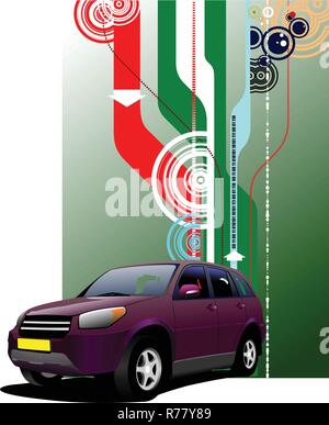 Cover for brochure with purple mini-van on the road. Vector illustration Stock Vector