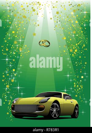 Wedding yellow car on green background. Vector illustration Stock Vector