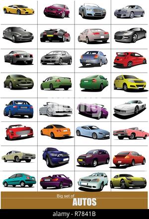 Big set of 32 kinds cars on the road. Vector illustration Stock Vector